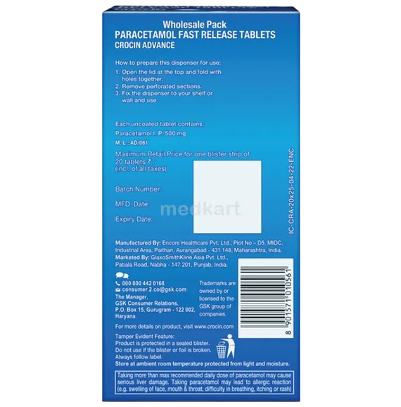 crocin advance 500mg tablet 20's